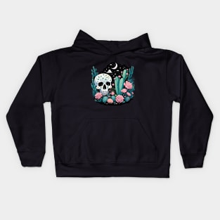 Cactus and Skull with Flowers Starry Night Moon and Stars Kids Hoodie